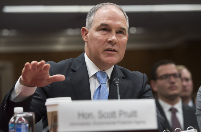 (FILES) This file photo taken on June 27, 2017 shows Environmental Protection Agency (EPA) Administrator Scott Pruitt as he testifies about the fiscal year 2018 budget during a Senate Appropriations Subcommittee on Interior, Environment, and Related Agencies hearing on Capitol Hill in Washington, DC. The head of the US Environmental Protection Agency said October 9, 2017 that President Donald Trump's administration will move to repeal his predecessor Barack Obama's plan to restrict greenhouse gas emissions. Speaking in Kentucky at a political event attended by coal miners, EPA chief Scott Pruitt said he would Tuesday 