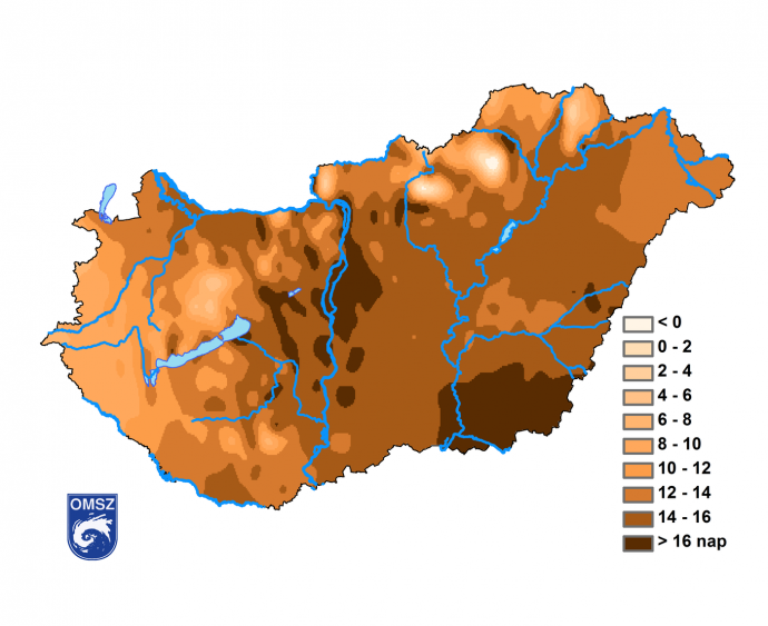 A hőhullámos napok számának változása 1981 és 2015 között.
