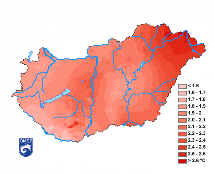 A nyári átlaghőmérséklet változása 1981 és 2015 között. 