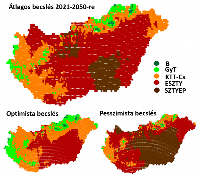 Az erdészeti klímaosztályok várható előfordulása 2021-2050-es időperiódus átlagában (B: bükkös; GyT: gyertyános-tölgyes; KTT-Cs: kocsánytalan tölgyes-cseres; ESZTY: erdős sztyepp; SZTYEP: sztyepp)