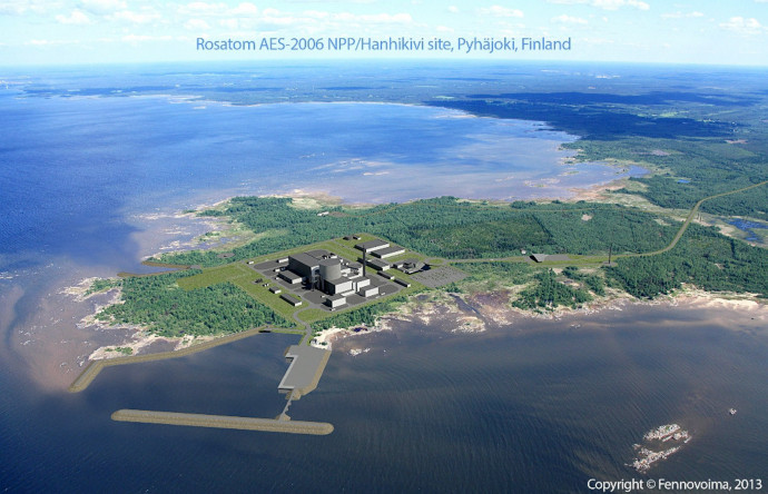 An undated handout provided by Finnish nuclear power company Fennovoima shows an illustration of the planned nuclear plant by Russia's State Atomic Energy Corporation Rosatom on the design of an AES-2006 NNP, at Hanhikivi site, Pyhaejoki, Finland. Finland's parliament on December 5, 2014 gave the green-light to the construction of the country's third nuclear plant by Russia's Rosatom. AFP PHOTO / LEHTIKUVA / FENNOVOIMA +++ FINLAND OUT +++ RESTRICTED TO EDITORIAL USE – MANDATORY CREDIT