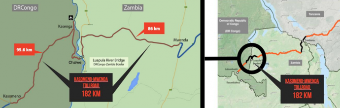 A projekt nyomvonala a kongói Kasomenóból a zambiai Mwendába. Forrás: Dél-Afrikai Fejlesztési Bank