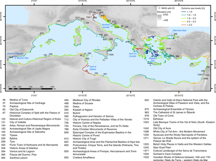 Az érintett UNESCO világörökségi helyszínek. Az ábra forrása: Reimann, Vafeidis, Brown, Hinkel & Tol (2018): Mediterranean UNESCO World Heritage at risk from coastal flooding and erosion due to sea-level rise; Nature Communications, 2018. október 16.