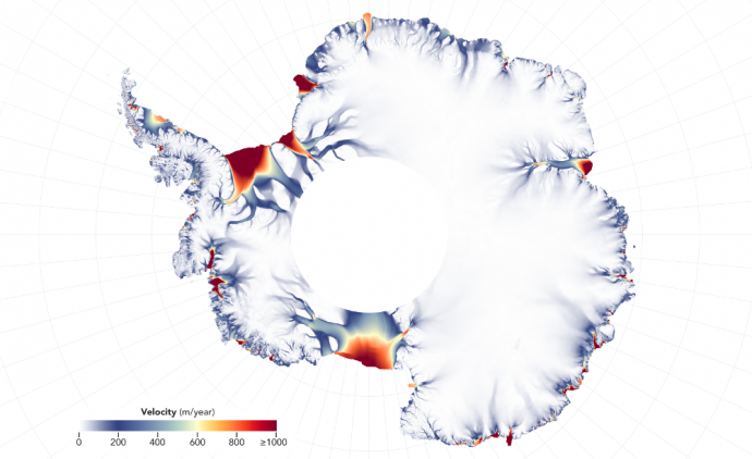 Az Anktartika jégtakarójának mozgása Fotó: climate.nasa.gov, NASA Earth Observatory/Joshua Stevens