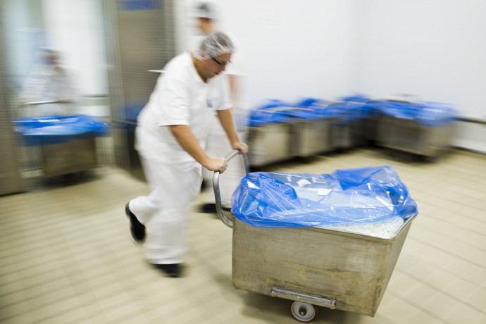 A túrókészítõ egy kocsiba öntött túrót tol a Friesland Campina mátészalkai üzemének hûtõjébe. Fotó: MTI/Balázs Attila