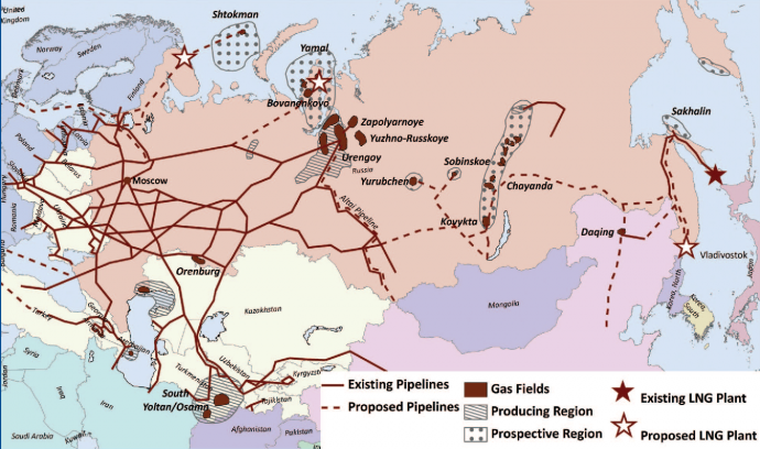 A legnagyobb orosz gázmezők és vezetékrendszer. Forrás: Gazprom (2010) 