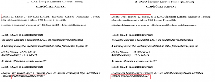 A két alapítói határozat, bal oldalon a májusban, jobb oldalon az októberben leadott