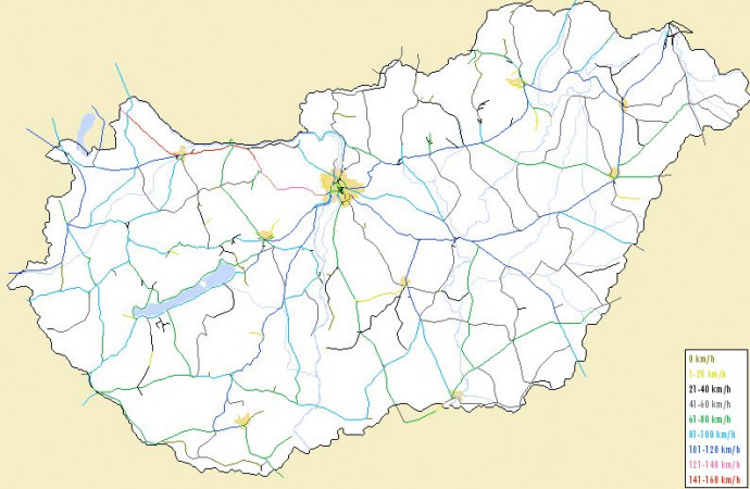 Magyarország vasútvonallainak maximális sbessége. Forrás