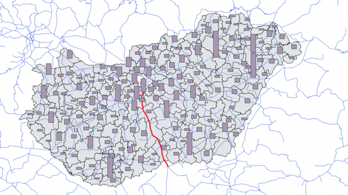 Magyarország járásainak lakossága és vasútvonalai – pirossal kiemelve a Budapest-Kelebia vonal