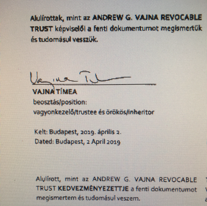 Andy Vajna örököse Vajna Tímea a hivatalos iratok szerint