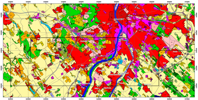 Az érdi koncessziós terület területhasználata a CORINE műhold-alapú rendszer szerint. Piros: település, lila: ipari/út, zöld: erdő, sárga: mezőgazdasági.