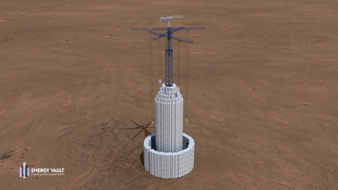 Az Energy Vault áramtermelő betontornyának látványterve. Fotó: Energy Vault/YouTube
