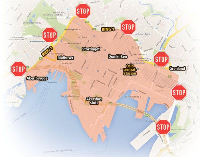 Oslo belvárosa, ahol megszüntették a parkolás lehetőségét. Fotó: vg.no