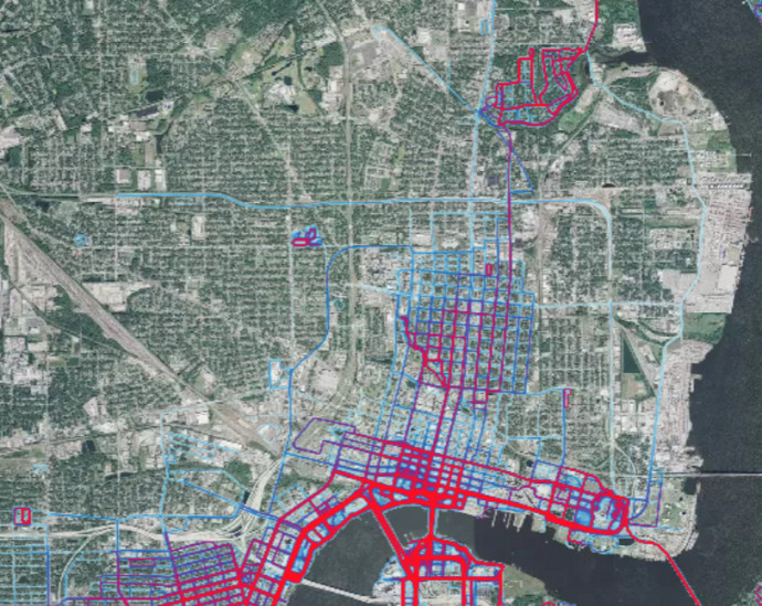 A floridai Jacksonville futó-hőtérképe. Fotó: Strava