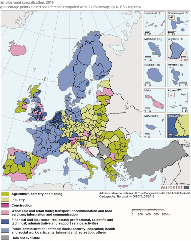 Sötétzöld: mezőgazdaság; világoszöld: ipar; lila: építőipar; rózsaszín: kereskedelmi csoport; világoskék: közigazgatási csoport; sötétkék: pénzügyi csoport