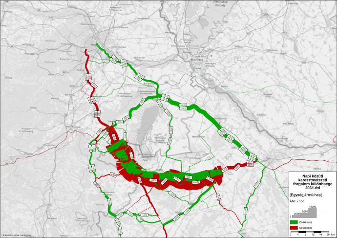 A várható forgalmi átterelődés az M85 megépülése esetén. Forrás: NIF