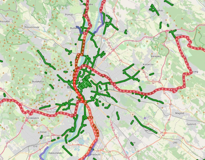 Forrás: kenyi.hu. Jelmagyarázat: zöld – meglévő kerékpárút, piros – Euro Velo, lila – tervezett országos kerékpárút