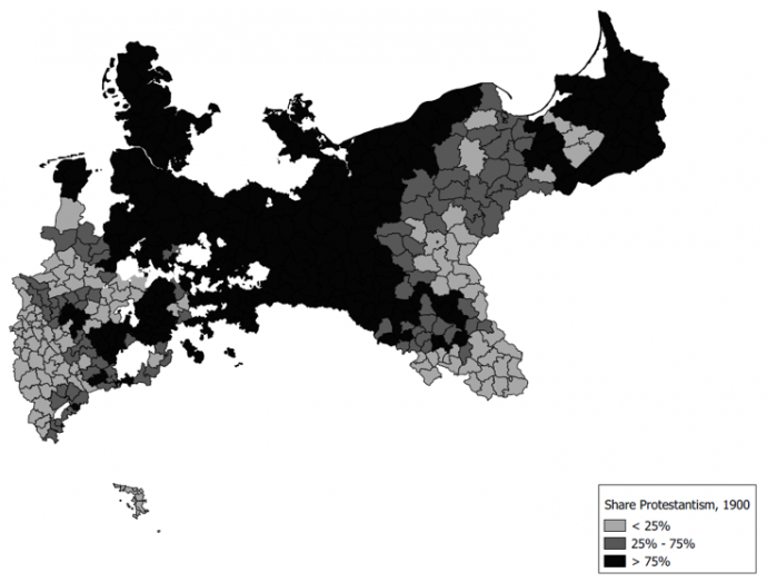 Protestánsok aránya 1905-ben. Forrás: Kersting et al. (2020).