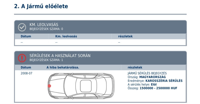 Az AutoDNA riport hasznos része: a kocsi törve volt