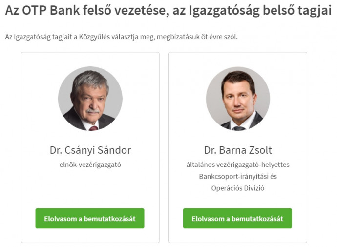Barna Zsolt és Csányi Sándor egymás mellett az OTP honlapjának felsővezetőket bemutató aloldalán 2018-ban