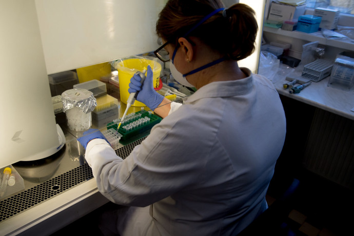 Koronavírus-mintákat tesztelnek a Nemzeti Népegészségügyi Központ Virológiai Laboratóriumi Osztályán, Budapesten 2020. április 3-án. Fotó: MTI/Koszticsák Szilárd
