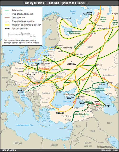 Az elsődleges orosz olaj és gázvezetékrendszer Európa felé. Forrás: energytrendsinsider.com