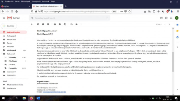 A Hegedüs Zsuzsa által küldött email az általános iskolák intézményvezetőinek. Forrás: Olvasónk / Telex
