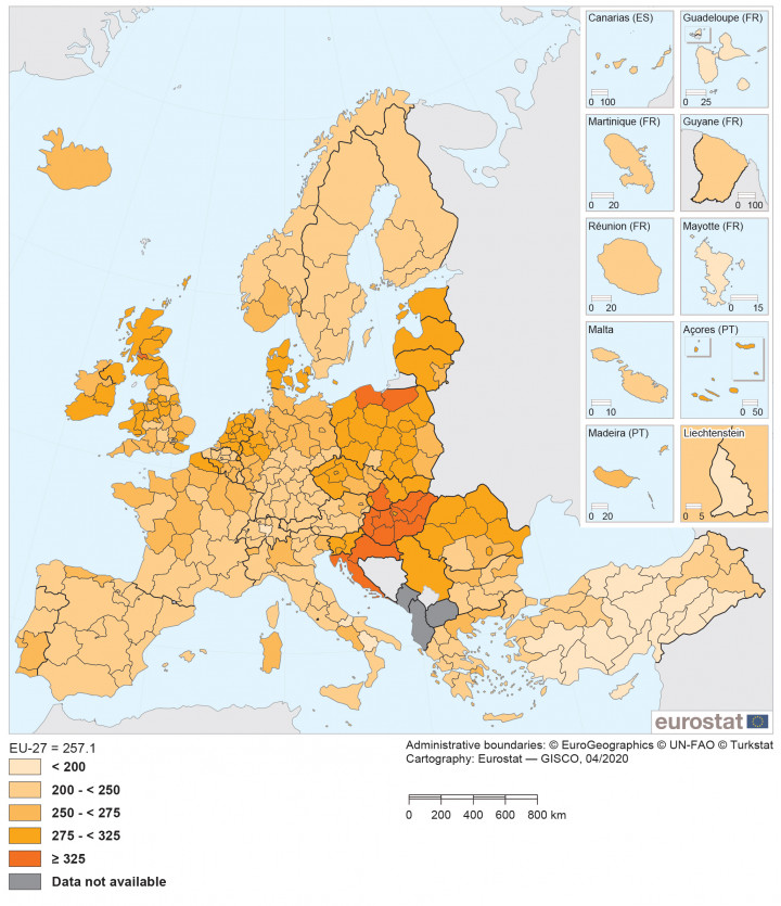 Százezer főre eső rákkal összefüggő halálozások az EU NUTS 2 régióibanForrás: Eurostat.