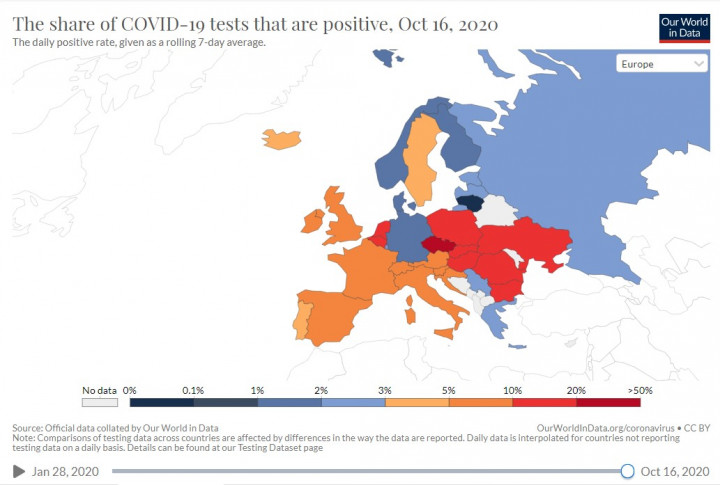 A pozitív tesztek aránya az európai országokban. Minél pirosabb egy ország, annál magasabb az arányKép: Our World in Data