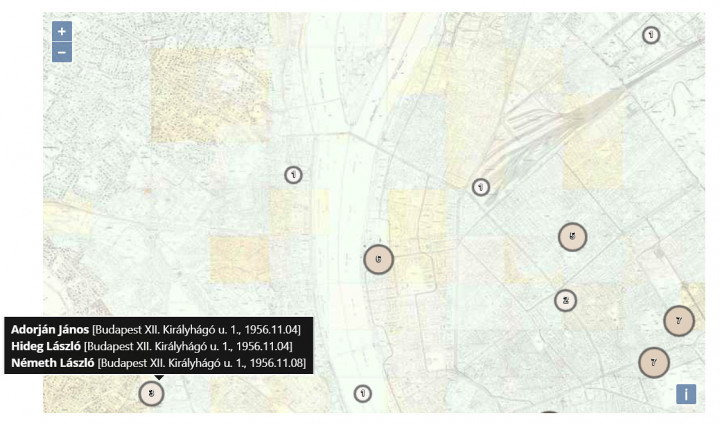 1956-os forradalom és szabadságharc katonai áldozatait mutató térkép részleteForrás: Hungaricana