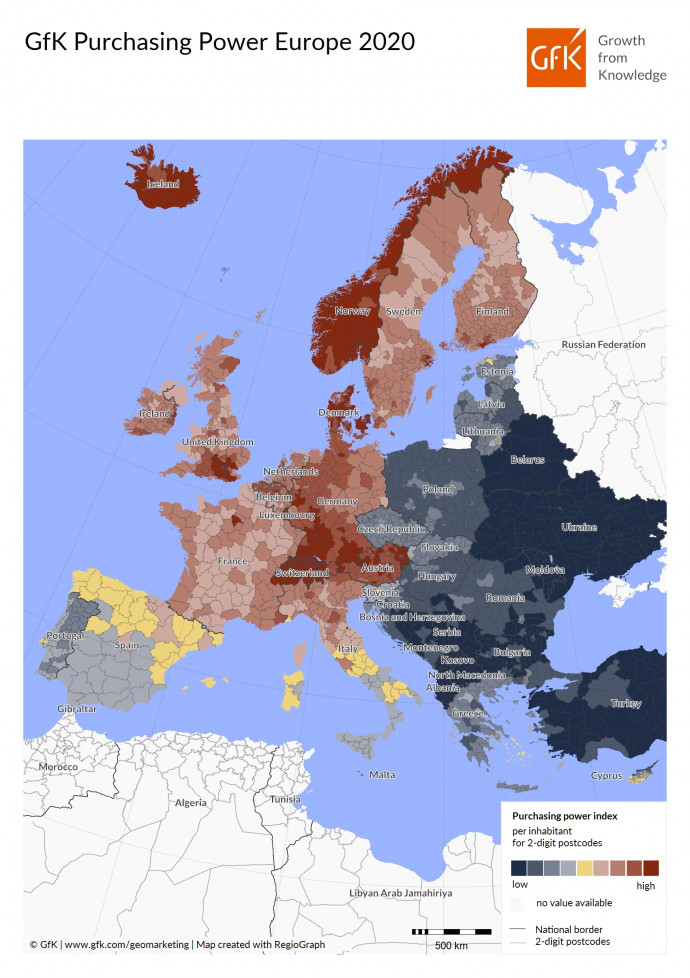 A Vásárlóerő Index: minél pirosabb, azaz magasabb, annál nagyobb az ország lakosainak elkölthető jövedelme.