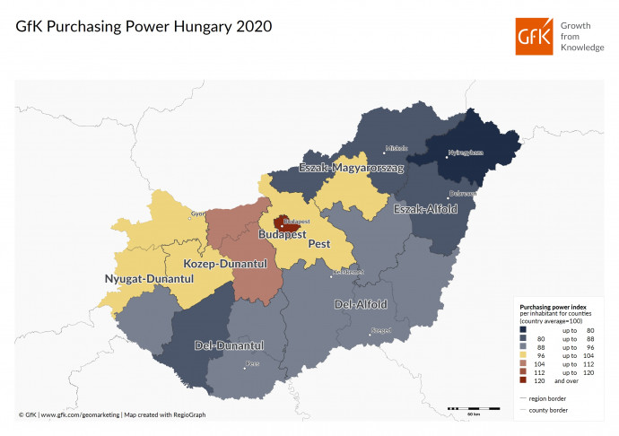 Vásárlóerő Magyarországon, az országos átlaghoz viszonyítva, 2020. Forrás: GfK