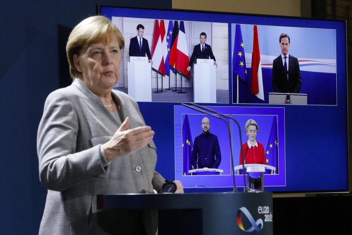 Angela Merkel internetes sajtóértekezleten nyilatkozik Berlinben 2020. november 10-én. Fotó: MTI/AP pool/Markus Schreiber