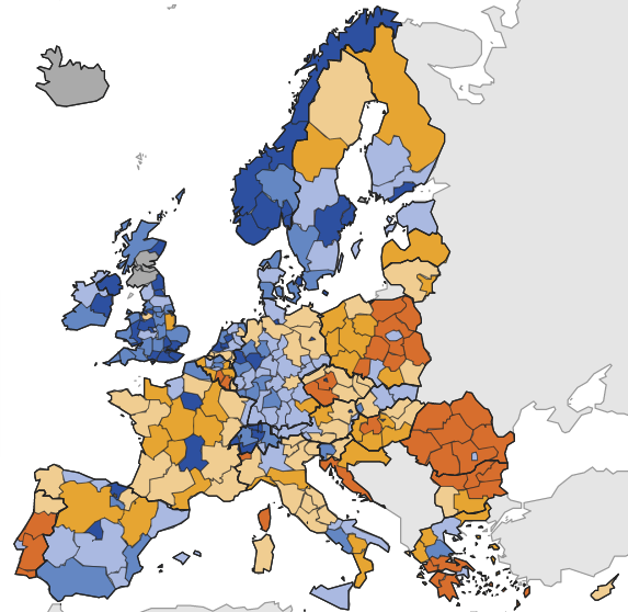 Egymillió főre vetített halálos balesetek száma az EU egyes régióiban. Kékkel az alacsonyabb, barnával a magasabb számok. Forrás: Eurostat