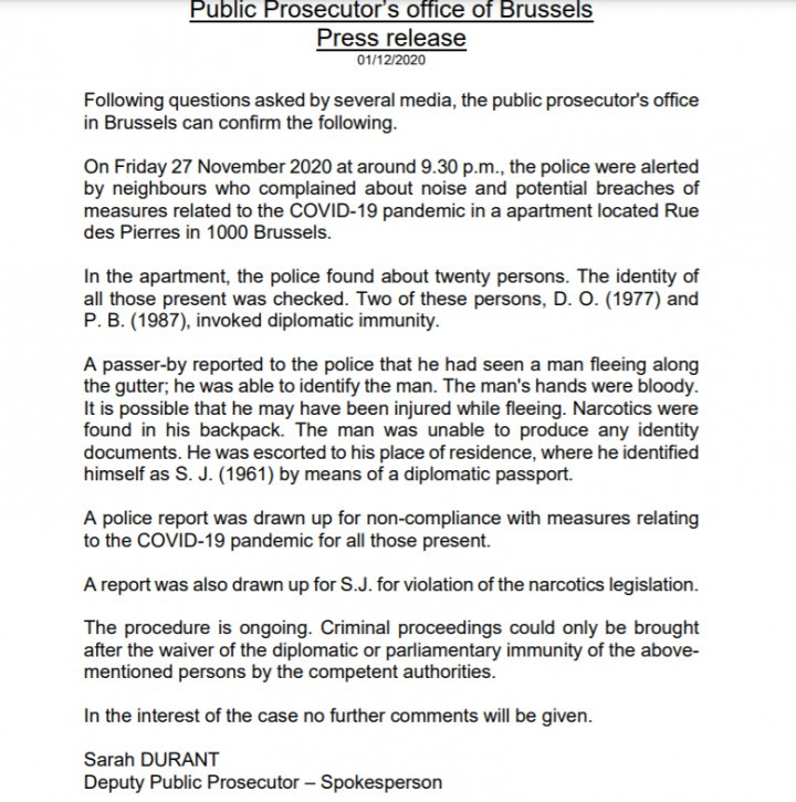 The press release of the Brussels Prosecutor's Office.