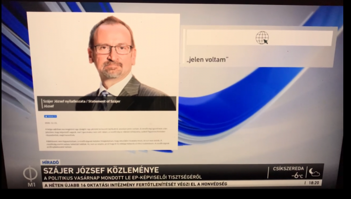 Screenshot of state TV M1's evening news on Tuesday with a quote from Szájer's press release: “I was present”