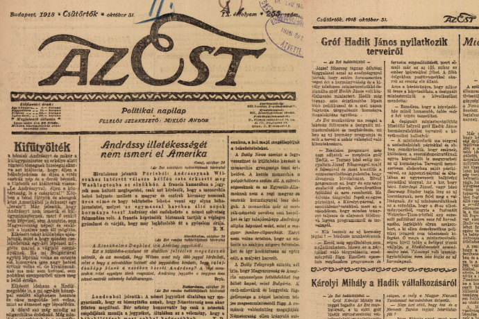 Az Est 1918. október 31-i címlapja, illetve Hadik nyilatkozata – Fotó: Az Est / Arcanum