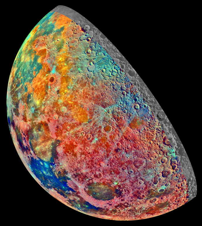 A NASA különböző spektrális szűrőkkel készített hamisszínes mozaikképe a holdról. A színek a különböző összetételű kőzeteket jelölik – Forrás: NASA / JPL