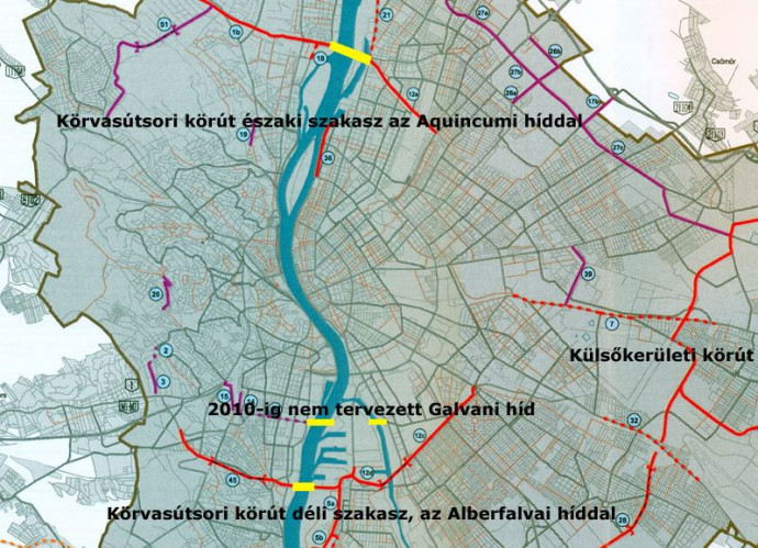 A tervezett három híd Budapest Közelekedési Rendszerfejlesztési Tervén