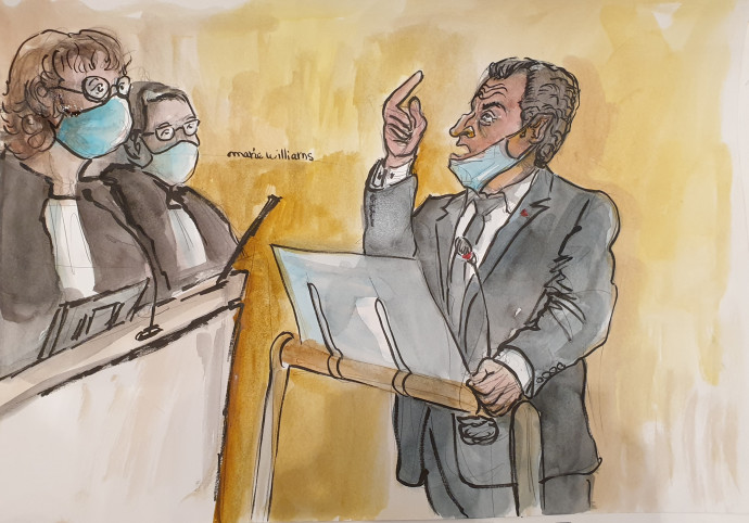 Sarkozy december 7-i tárgyalótermi beszédéről készült bírósági rajz – Fotó: Marie Williams / AFP