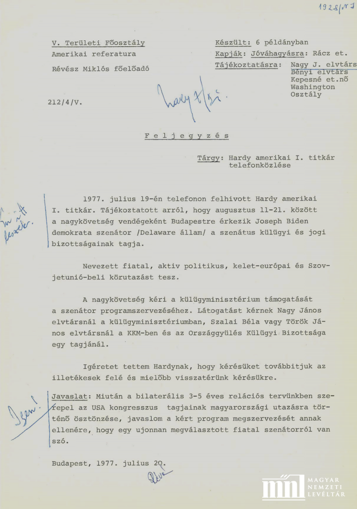 Magyar külügyminisztériumi feljegyzés, 1977. július 20. Forrás: Magyar Nemzeti Levéltár Országos Levéltára