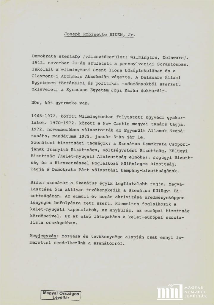 Biden életrajza a magyar Külügy feljegyzésében. Forrás: Magyar Nemzeti Levéltár Országos Levéltára.