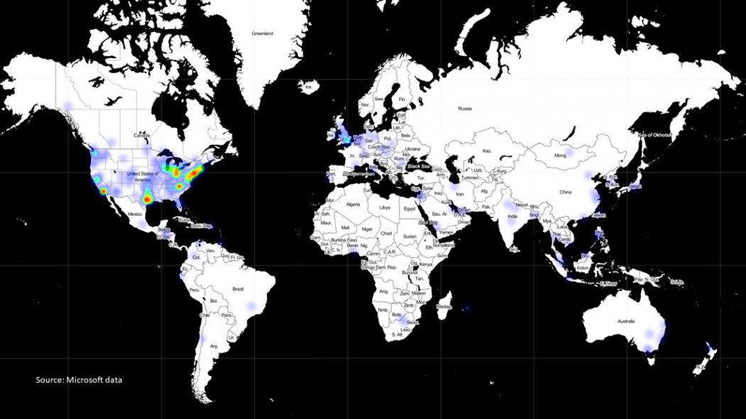 A SolarWinds-támadás érintettjeinek földrajzi eloszlása a Microsoft ügyfeleinek körében – Kép: Microsoft
