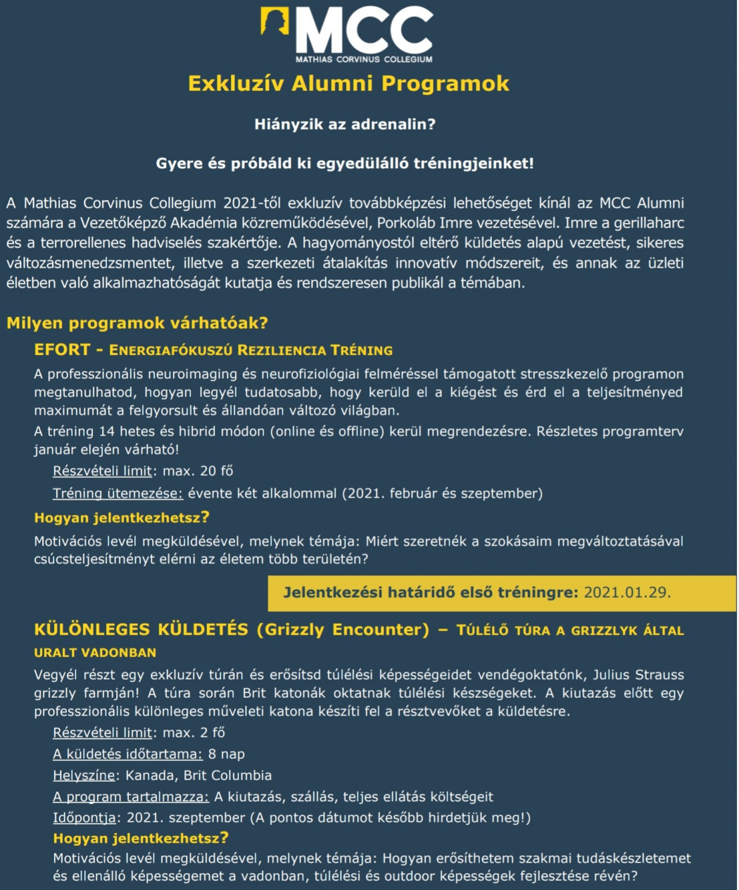 Az MCC exkluzív alumni programjai