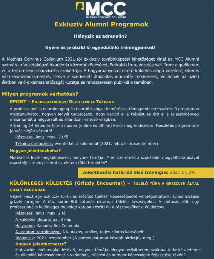 Az MCC exkluzív alumni programjai