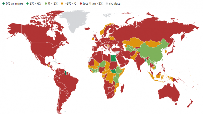 IMF World Economic Outlook 2020. Zöld = növekedés, piros = visszaesés