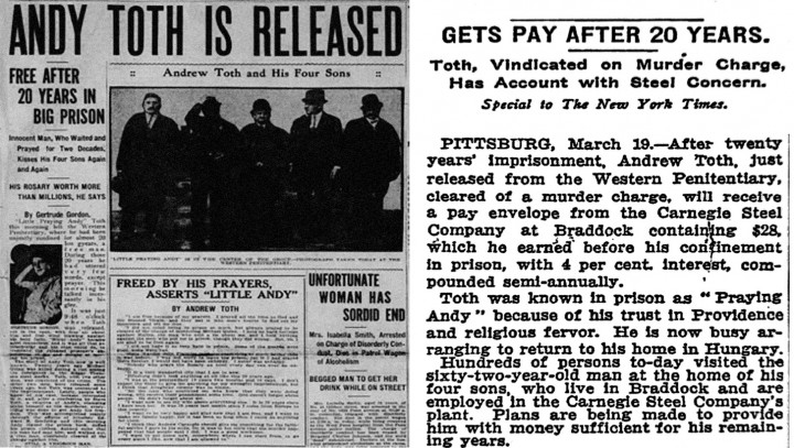 Korabeli hírek Tóth András szabadulásáról – Forrás: Pittsburgh Press, March 18, 1911 / New York Times, March 20, 1911