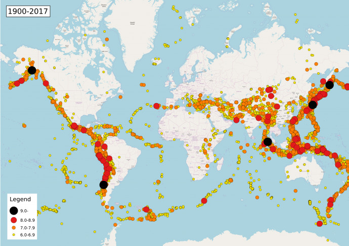 M=6,0 magnitudónál erősebb földrengések 1900-2017 – Forrás: Search Earthquake Archives / USGS / Wikimedia Commons