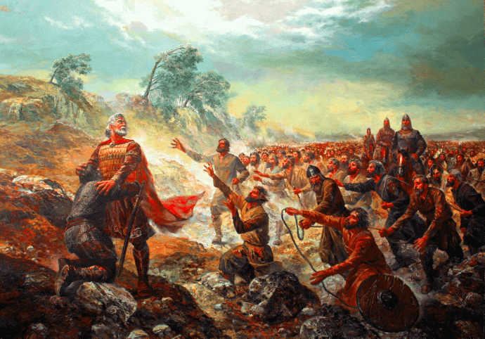 Sámuel cár megpillantja megvakított katonáit. Kép: Vaszil Goranov kortárs bolgár nemzeti romantikus festő honlapja.