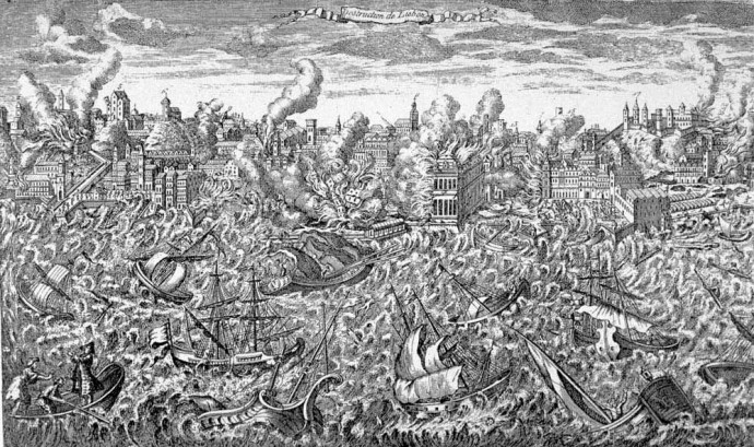 Rézkarc az 1755-ös lisszaboni földrengést követő tűzvészről és cunamiról.